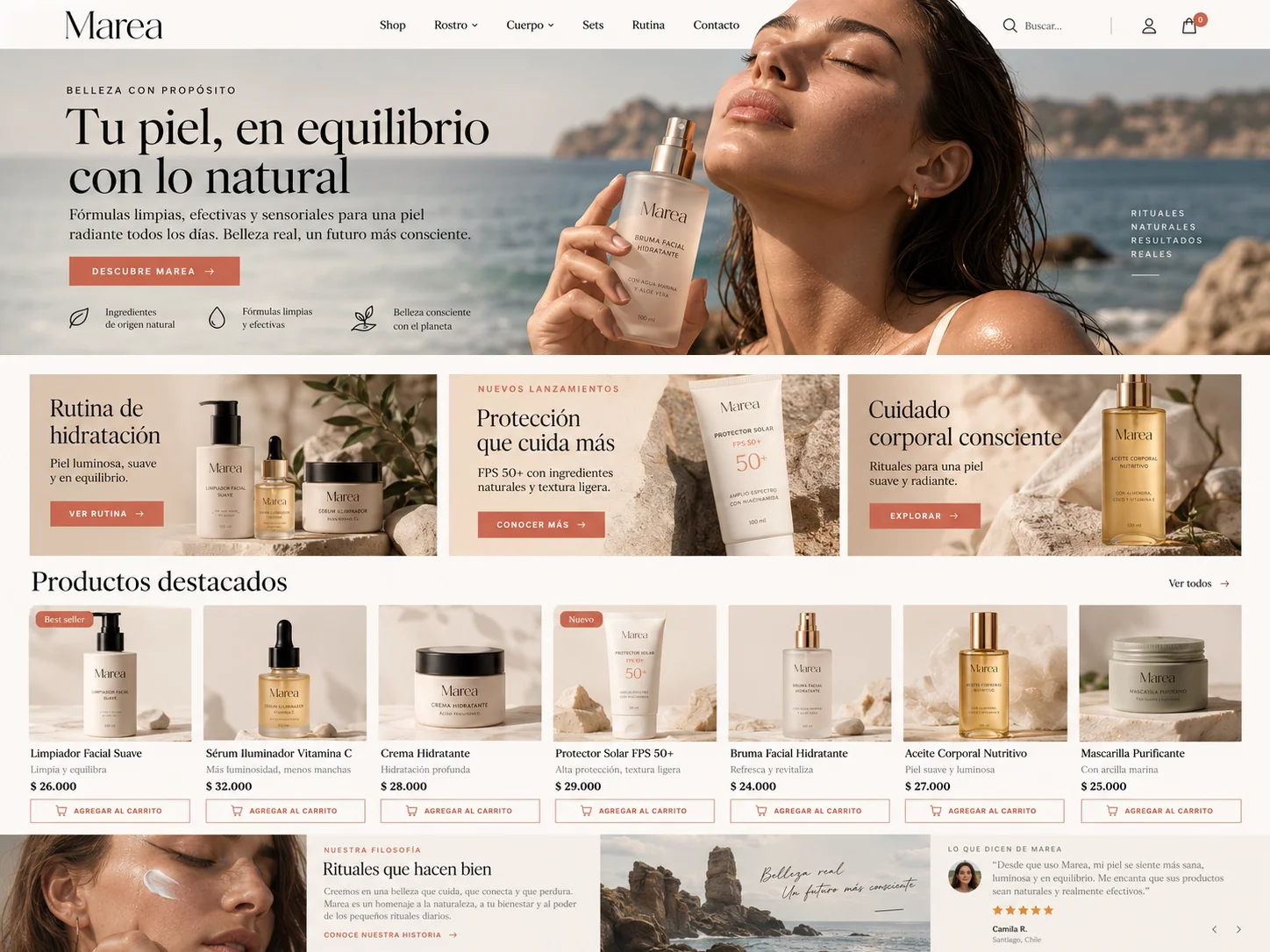 Marea — pantalla completa del e-commerce conceptual de cosmética